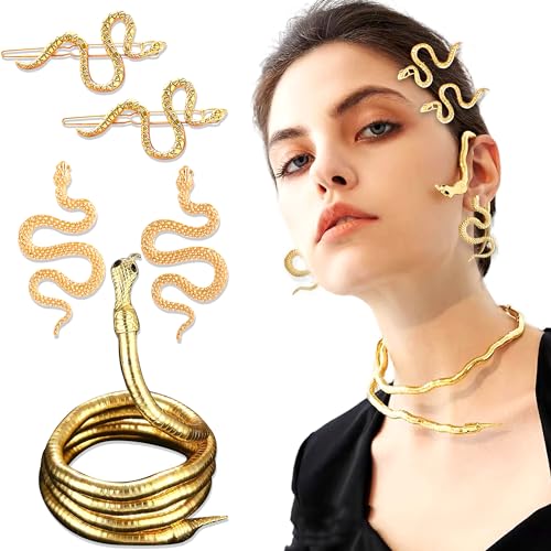 JeVenis Gold Medusa Necklace Hair Clip Earring Snake Ear Cuff Medusa Party Accessories Snake Accessories