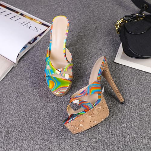 Image of Esvowido Heeled Mules for Women Cork Platform Stiletto Heels Slip on Open Toe High Heeled Sandals Crisscross Slippers Pumps Shoes
