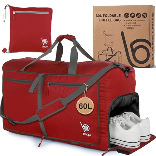 Bago 60L Sports & Travel Duffle Bag - Foldable Weekender Bag For Women & Men - Lightweight waterproof Shoe Pocket (Red)