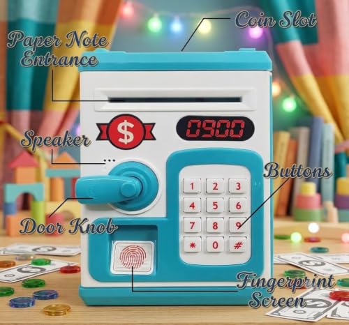 Image of Umadiya Electronic Fingerprint Money Safe Piggy Bank for Kids | Lock ATM Savings Bank with Auto Cash Roll-in, Coin Slot & Music | Educational Password Touch Finger Sensor Savings Bank Toy for Gift