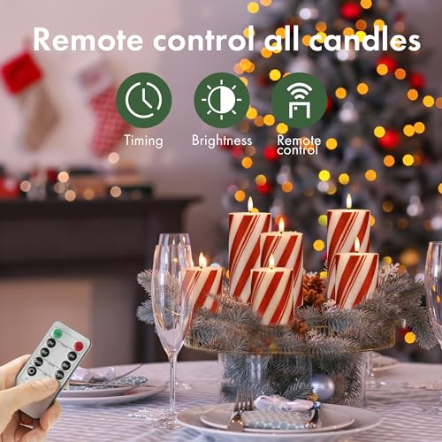 AFINETH Flameless Pillar Candles with Remote, Battery Operated Red Candy Cane Candles Real Wax, Flat Top Flickering Christmas LED Candle Decorations for Xmas, Home, Party Decor, Set of 3 by AFINETH - Image 3