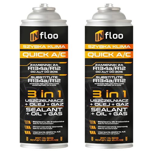 INfloo Quick A/C 2x R134a 3-in-1 – Kältemittel + Öl + Dichtmittel | 2x185g (0,69 L) mit Rückschlagventil + GRATIS Nitrilhandschuhe | Für...