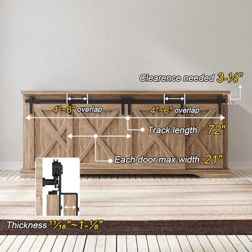 FREDBECK 6 FT Mini Cabinet Bypass Barn Door Hardware Kit Single Track 72inch Small Sliding Barn Doors Track Kit for 4 Doors Storage Closet Window TV Stand Wardrobe (No Cabinet) - Image 2