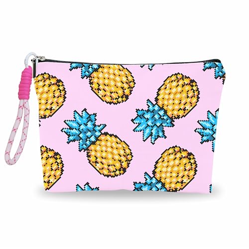 Pink Make Up Bag, Cosmetic Bag With Hand Strap- Pixel Pineapple -...
