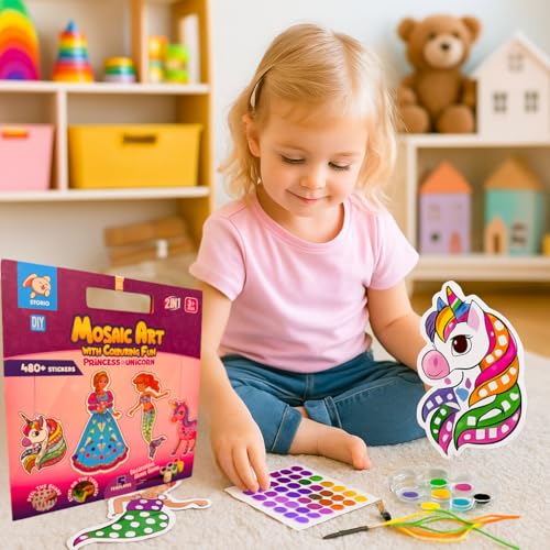Image of Storio Mosaic Art & Craft Kit for Kids with Colouring Fun | Mirror Mosaic DIY Set with Unicorn & Princess Theme | Creative Craft Activity for Girls Age 4-8 | Mess-Free, Fun & Educational Gift