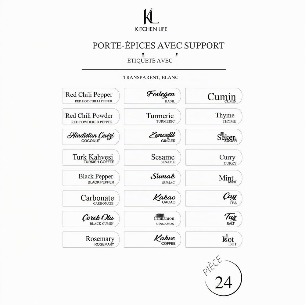 Kulplus Lot de 12 pots à épices avec support, autocollants, avec poignée et cuillère, sans BPA, pour cuisine et plan de travail, 300 ml
