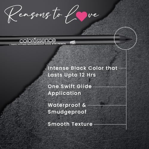 Image of COLORESSENCE HD Kohl Pencil Eye Definer Kajal, Intense Black with FREE Sharpener | Long Lasting | Waterproof | Smudgeproof | Matte Finish