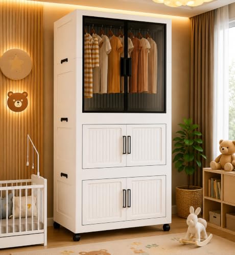 Image of Plastic Wardrobe for Cloths | 3 Layer Stackable Almirah with Hanging Rod, Transparent Doors, Wheels | Foldable Storage Cabinet Organizer for Clothes /Books /Toys