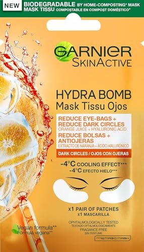 GARNIER Skin Active Mascarilla de Tela Contorno de Ojos Anti-Fatiga y Anti-Ojeras con Ácido Hialurónico y Extracto de Naranja (Paquete de 5)