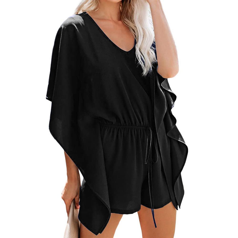 BKEPDY Mono de Manga Corta para Mujer Monos de Vestir Jumpsuit de Verano Casuales Mono de Talle Alto Elegante Mono de Una Pieza Monos Cortos de murciélago Mono Cintura Elástica Holgado Ropa de Playa
