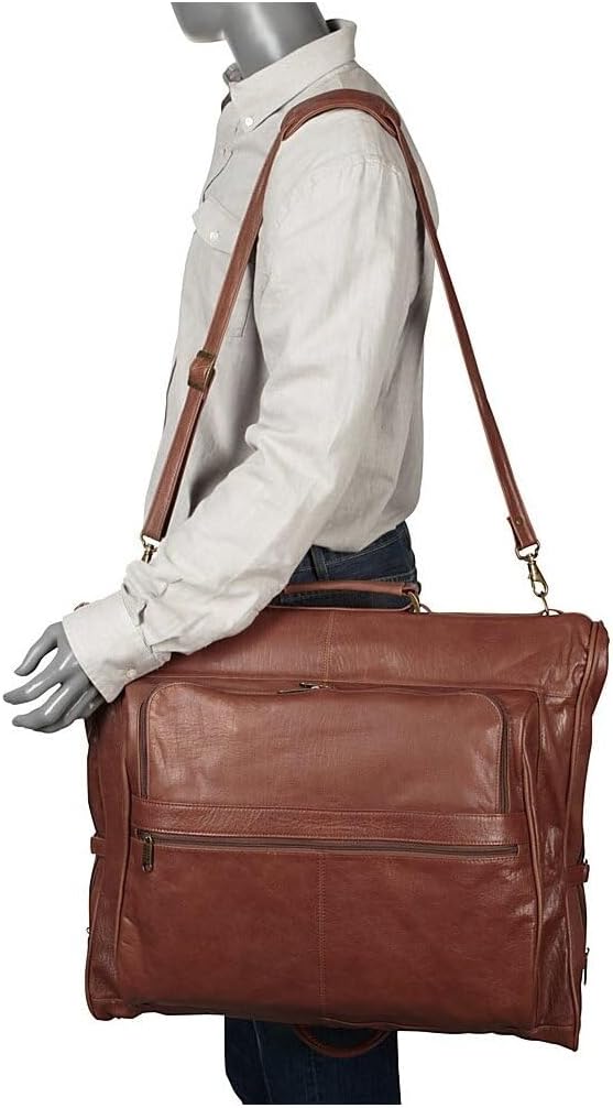 HomeStock Leather Three-Suit Garment Bag in Top Grain Genuine Leather with Shoulder Strap, Spacious Compartments, and Wrinkle-Free Suit Holder, 23" x 5" x 19"