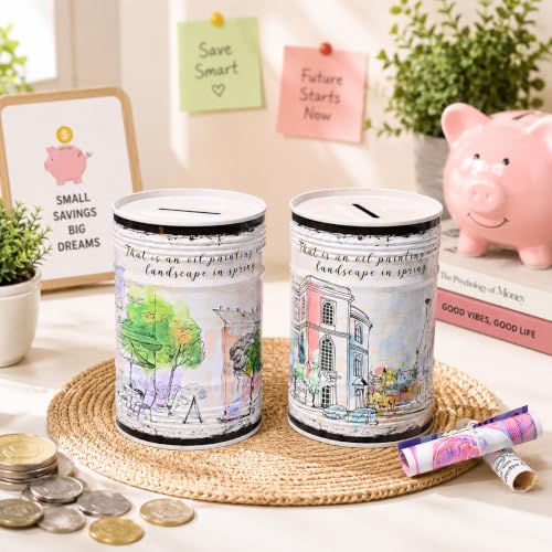 Image of Market99 Set of 2 Round Money Banks | White Tin Coin Banks with Glossy Finish & Vintage Theme Print | Decorative Piggy Banks for Kids, Adults, Home & Office | Ideal Gift & Savings Accessory