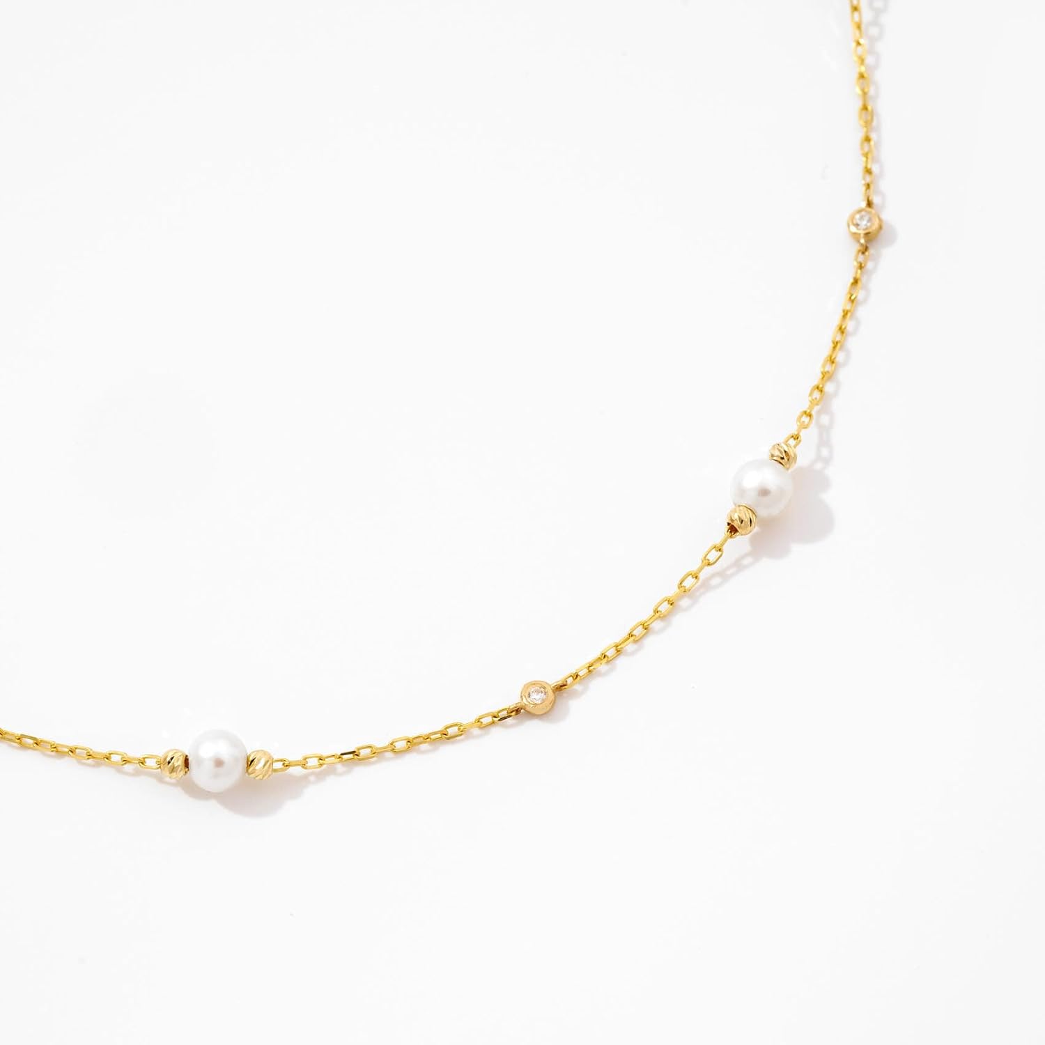 Gelin Real Diamond and Pearl Station Necklace in 10k Solid Gold, 18 inch