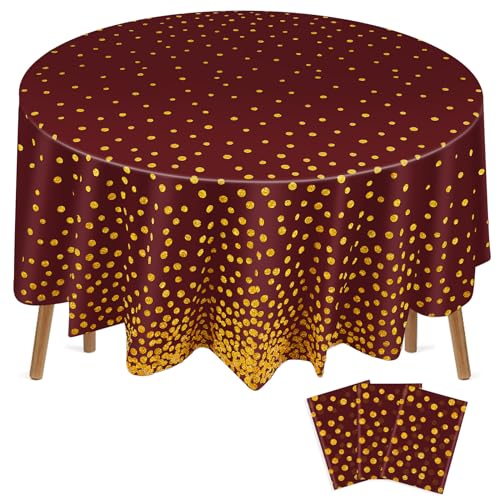 Newwiee 3 Pcs Round Tablecloth 84'' Plastic Tablecover, Maroon Gold Dots
