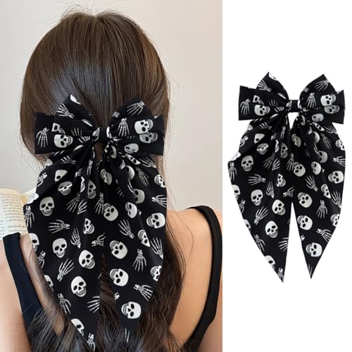 FRUZJAY Skull Hair Bows Clips Halloween Skeleton Hair Bows Black Satin Hair Barrettes Hand Bones Hairpin Long Ponytail Ribbon Hair Clip Halloween Hair Accessories for Women Holiday Hair Decoration