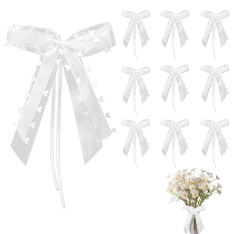 AZWOOD Noeuds de Voiture de Mariage, Lot de 10 Pièces Décoratifs en Tulle et Ruban Satin, Car Ribbon Bows pour Cérémonies, Mariages, Fêtes, Blanc