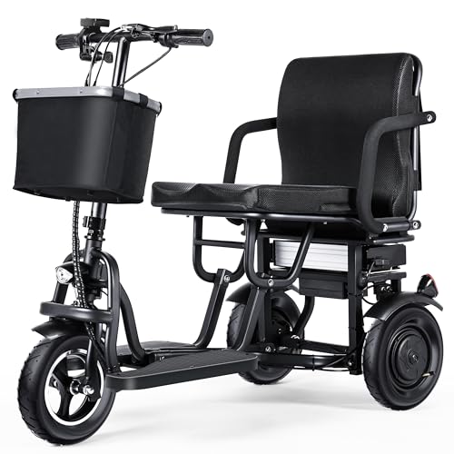 TopMate ES10 Patinete de Movilidad de 3 Ruedas Ligero y Plegable para Adultos y Personas Mayores con Asiento Ergonómico y Batería Extraíble, Motor 350W y 3 Velocidades Ajustables, E-Triciclo con Cesta