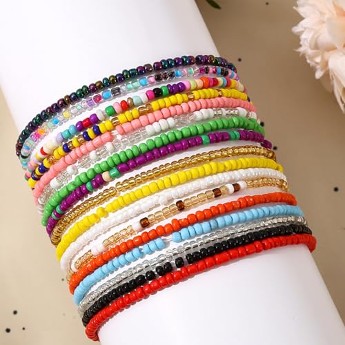 17Pcs Elastic Colorful Beaded Bracelets Anklet Set Handmade Bracelets Bohemian Stackable Rainbow Multi-Strand Elastic Stretch Boho Beach Seed Beach Bracelet Summer Jewelry2