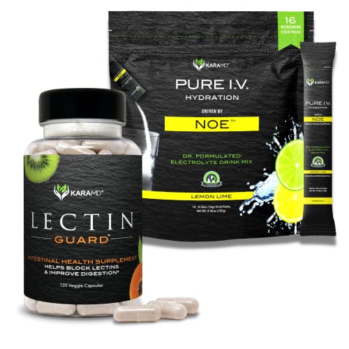 KaraMD Pure I.V. + Lectin Guard Bundle - Refreshing Lemon Lime Hydration Packets (16 Sticks) & Powerful Lectin Blocker for Gut Health (120 Capsules) - Fuel Your Digestion & Energy Now