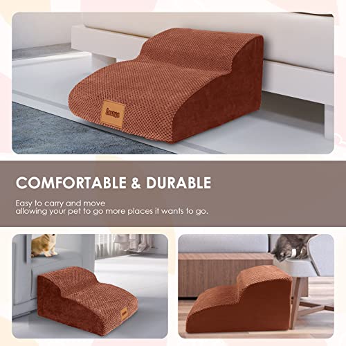 Lesnox Extended Dog Stairs/Steps, 2-Step, 30D Foam Pet Stairs/Steps, Non-Slip, Dog Ramp/Ladder For Couch Sofa, For Small Dogs Cats With Old/Injured/Short-Legged, 11.8" H,Wider Step, Brown #TOP5
