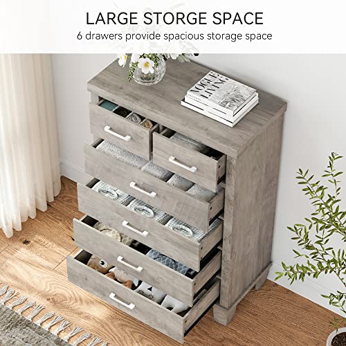 GAOMON Dresser for Bedroom with 6 Drawers, 45" Tall Grey Chests of Drawers with Storage, Large Drawer Dresser for Closet, Wooden Storage Cabinet for Entryway