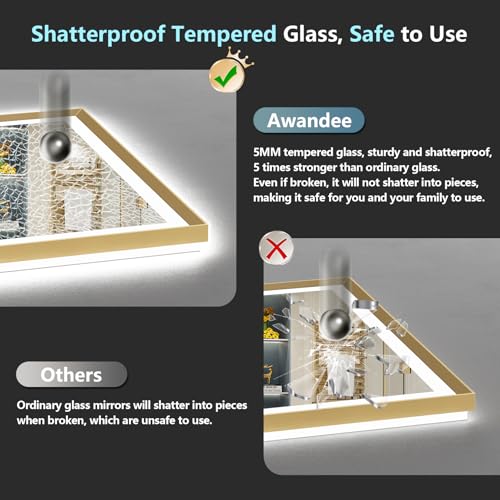 Image of 72x36 Gold Beveled LED Bathroom Mirror Backlit & Front Lit Anti-Fog | Brushed Gold Framed, Anti-Fog Lighted Vanity Mirror, Dimmable, 3-Color Light, Memory, CRI95, HD Tempered Glass, UL Listed