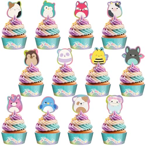 Treasures Gifted Officially Licensed Squishmallows Party Supplies - 24 Cupcake Toppers & Wrappers - Squishmallows Birthday Decorations - Birthday Cake Decorations