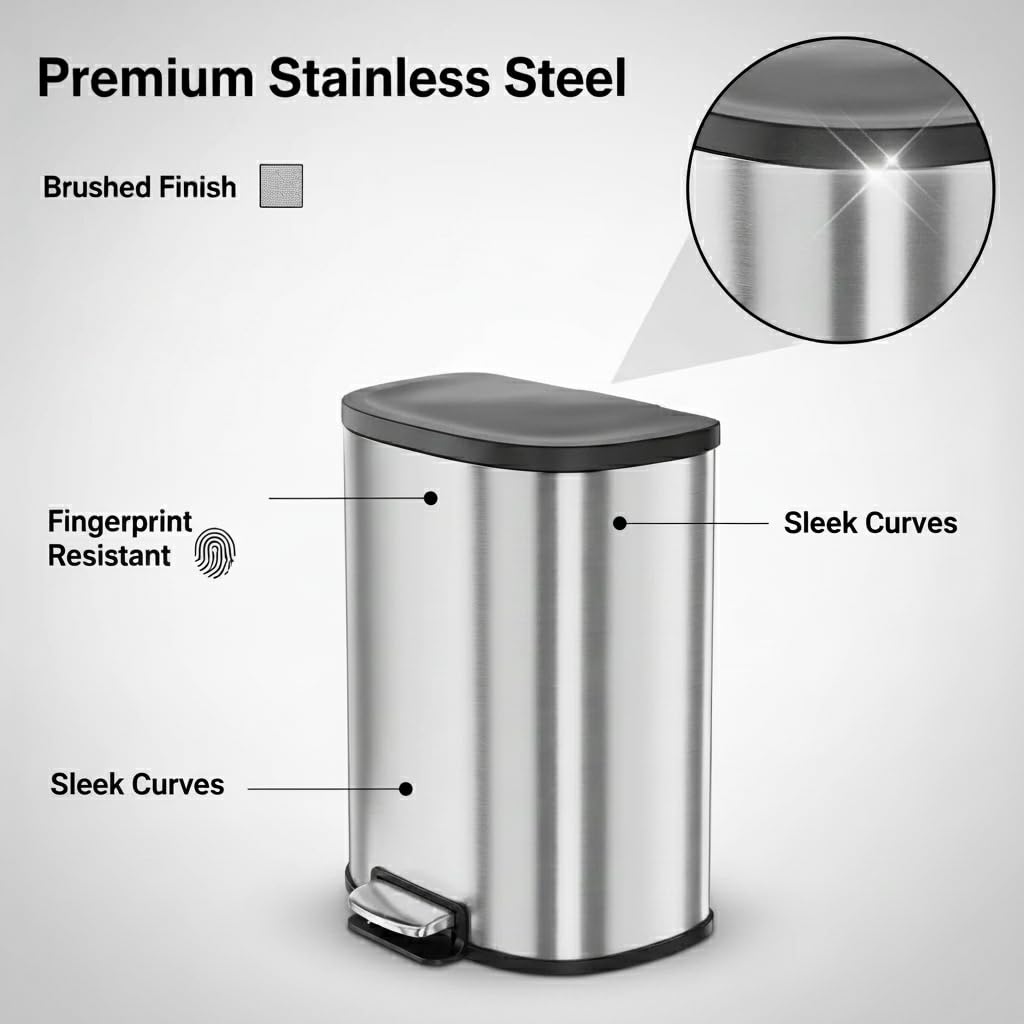 Garvee Stainless Steel Trash Can, 50 L/13 gal Hands Free Garbage Can with Soft Close Lid and Foot Pedal, Metal Kitchen Waste Bin with Inner Bucket for Living Room, Office, D Shape, Silver