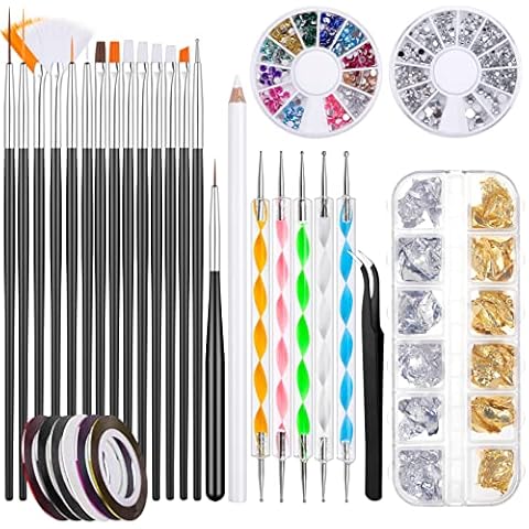 40 Stücke Nail Art Dekoration Zubehör Set, 15 Stücke Nagel Pinsel, 12 Töpfe Folienaufkleber, 6 Rolle Streifenband Nägel, 5 Punktierstifte und 2 Sätze Nail Art Staßesteine für Nagelkunst Maniküre Cover