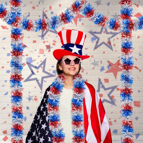 Image of 33FT 4th of July Patriotic Tinsel Garland Red White Blue Glitter Metallic Twist Foil Tinsel Garland for Independence Day Memorial Day Party Door Tree Indoor Outdoor Decoration