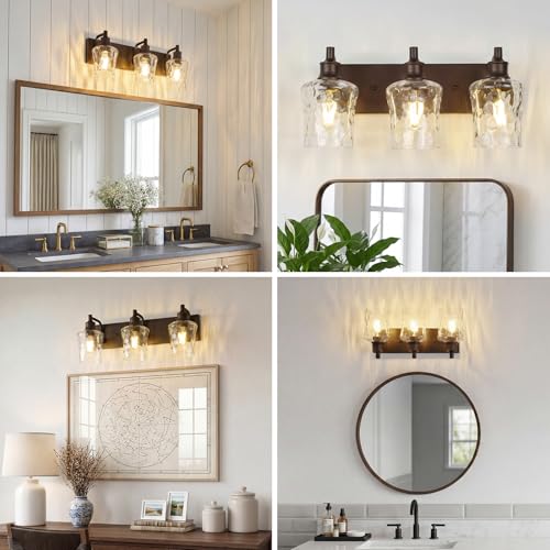 Image of Bathroom Light Fixtures Farmhouse Oil Rubbed Bronze Vanity Lights for Bathroom Lighting Fixtures Over Mirror with Hammered Glass Lampshade for Cabinet Mirror Bedroom Hallway 3 Light