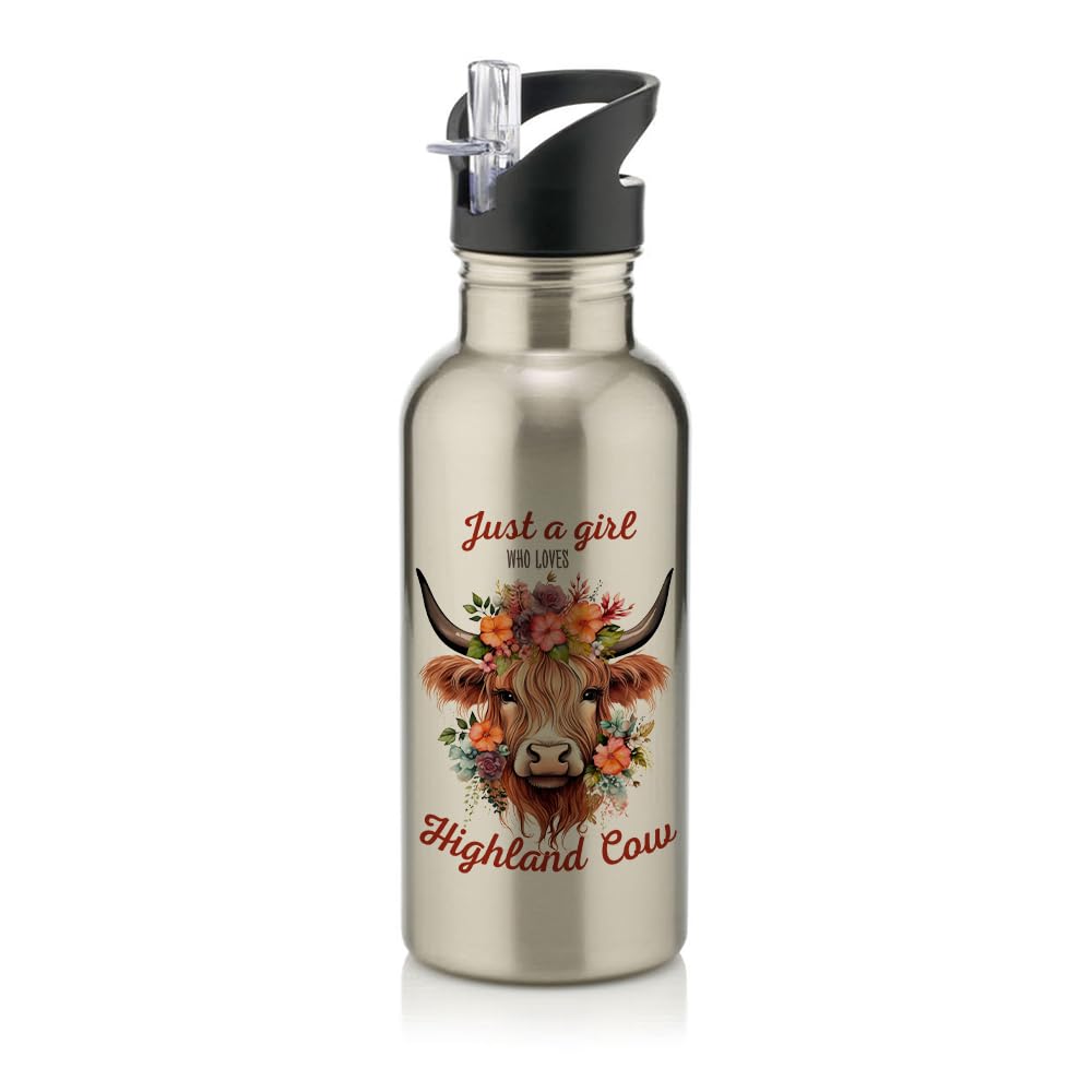 Just a Girl Who Loves Highland Cow, Floral Country Cow Gift for Her and Animal Lovers, Stainless Steel 600ml Water Bottle with Straw. (Silver)