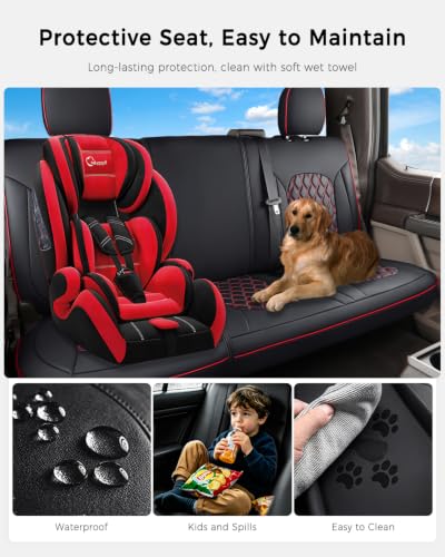 Image of Huidasource F150 Rear Seat Covers, Split Back Leather Seat Cushion Cover Fit for 2015-2026 Ford F150 SuperCrew & 2017-2026 F250 F350 F450 Super Duty Crew Cab Pickup Truck (Back Row /Black&Red)