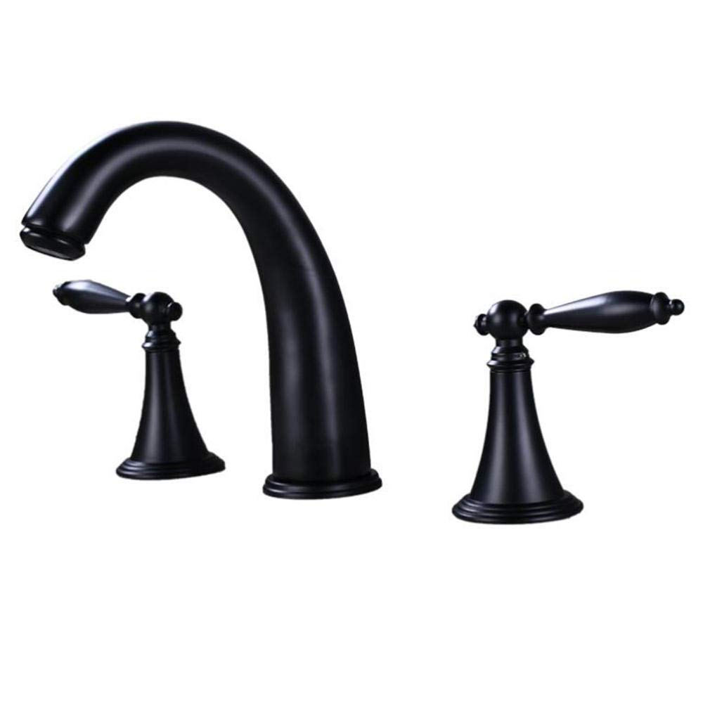 VDOQTLJT 3 Hole Basin Mixer Tap Black Hot and Cold Faucet Brass Double Handle Water-Saving Aerator Bathroom Sink