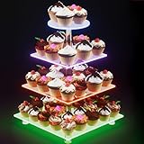 lukazoo Acrylic Cupcake Stand 4 Tier with Rechargeable Non-string Colorful LED Lights, Dessert Display Stand Cupcake Tower for Party, Christmas, Wedding, Baby Shower, and Get-Together