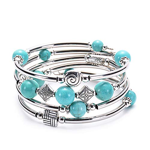 Bead Wrap Bangle Pearl Bracelet - Silver Metal Bracelet Fashion Bohemian Jewelry Multilayer Charm Bracelet with Thick Silver Metal Beads Gifts for Women