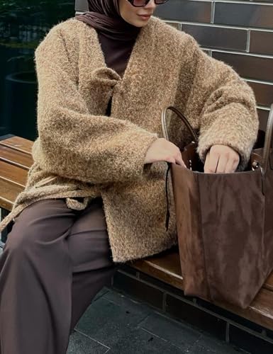 Wyeysyt Womens Fuzzy Tie Front Jacket Oversized V Neck Long Sleeve Causal Coat Bow Furry Jacket Outerwear(Khaki-L)4