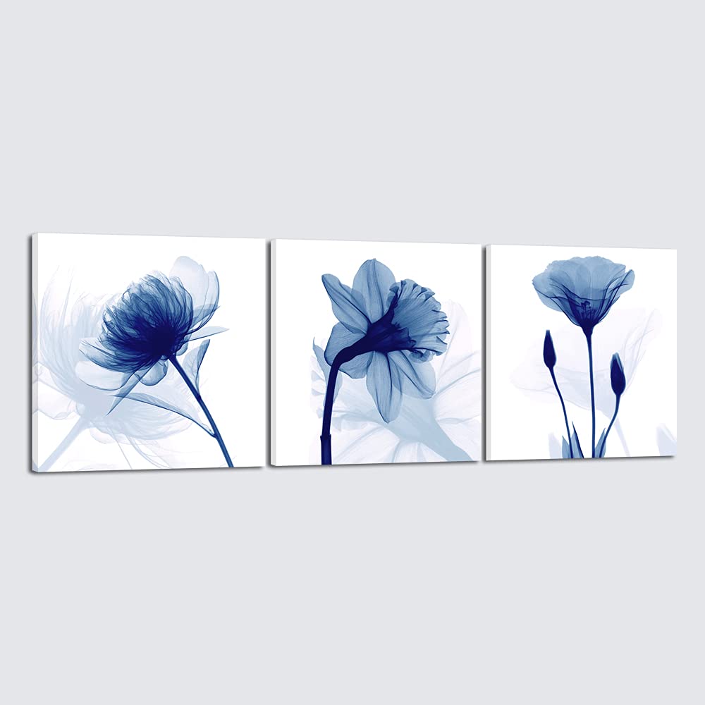Wieco ArtBlue Flowers 3 Panels Canvas Print Wall Art Modern Pictures Artwork for Living Room Bedroom and Home Decorations