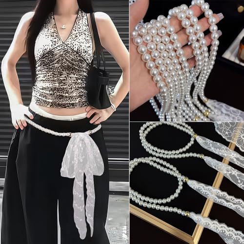 Scarf Pearl Waist Chain Belt for Women,Lace Pearl Body Chain Necktie Neck Scarf4