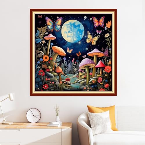Image of Disxvivy Cross Stitch Stamped Full Embroidery Kits DIY 11CT Cotton Thread Printed DIY Needlepoint Kits Craft Needlework Set Cross-Stitch Stamped Sets-Moon Mushroom 18x18 inch