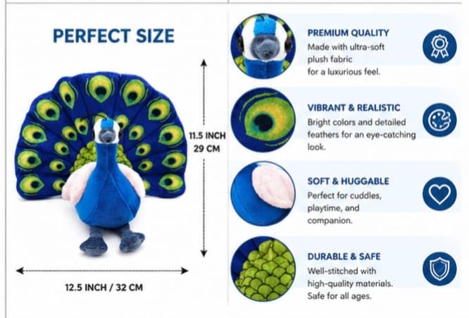 Image of Peacock Soft Toy Plush Stuffed Bird | Cute Colorful Peacock Teddy for Kids | Soft & Huggable Animal Toy | Gift for Boys & Girls 30 cm