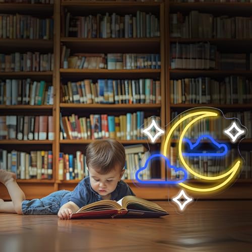 Image of Moon Star Cloud Neon Sign - Moon Star Cloud LED Light for Kids, Teens, Baby Bedroom, Game Room Wall Decor - Dimmeable Premium USB Powered Neon Night Light with On /Off Switch - 14x13-Inch