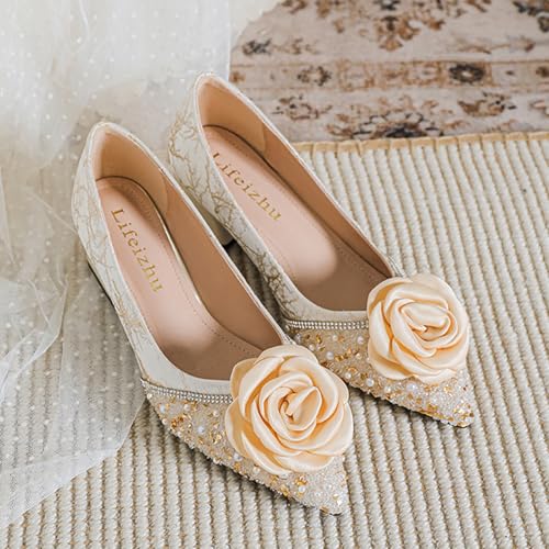 Women's Satin Flowers Rhinestones Chunky Heel Pumps Fashion Grace Slip On Lightweight Mid Block Heel Dress Pumps Shoes for Leisure Wedding Party Prom4