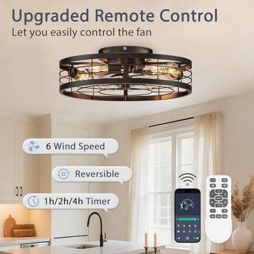 Image of VOLISUN Caged Ceiling Fan with Light and Remote,19.7 inch Fandelier Ceiling Fan with Light Flush Mount, Farmhouse Bladeless Ceiling Fans with Lights for Kitchen,Bedroom
