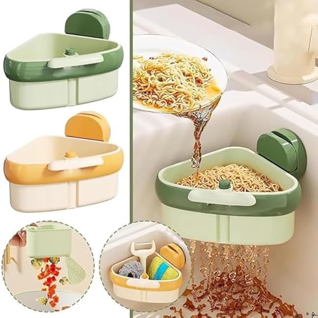 Cureaway Suction Cup Sink Corner Rack, Cureaway Suction Cup Sponge Holder, Triangular Hanging Kitchen Strainer Basket, Say Goodbye to Gross Food Scraps and Smelly Sinks (Yellow)