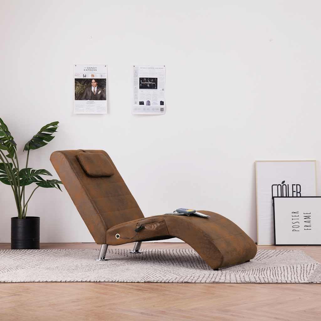 Szezlong do masażu z poduszką, brązowy wygląd zamszu, ergonomiczny leżak tapicerowany z funkcją ogrzewania i 5 trybami masażu, ocynkowana rama stalowa, 144 x 59 x 79 cm, idealny do salonu
