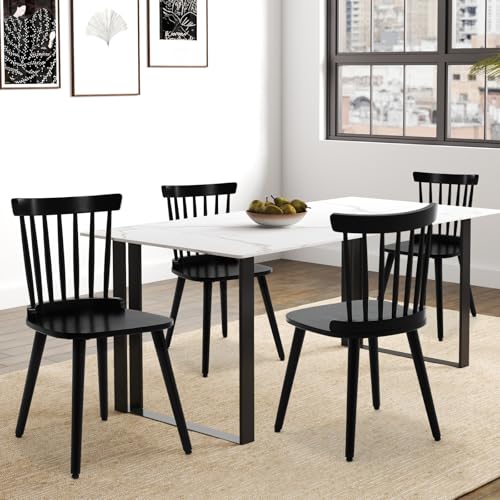 Bekrvio Black Dining Chairs Set of 4, Windsor Chairs Farmhouse Spindle Back Wood Dining Chair, Modern Mid-Century Country Style Solid Wooden Kitchen Side Chairs for Living Room Restaurant, Widen Seat
