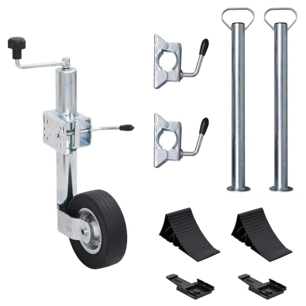 Stützrad 60 mm aus verzinktem Stahl mit 2 Stützrohren 63-87,5 cm, 3 Klemmen, Unterlegkeile für Anhänger, Trailer, Autoanhänger mit Kupplungssicherung und stabiler Befestigung