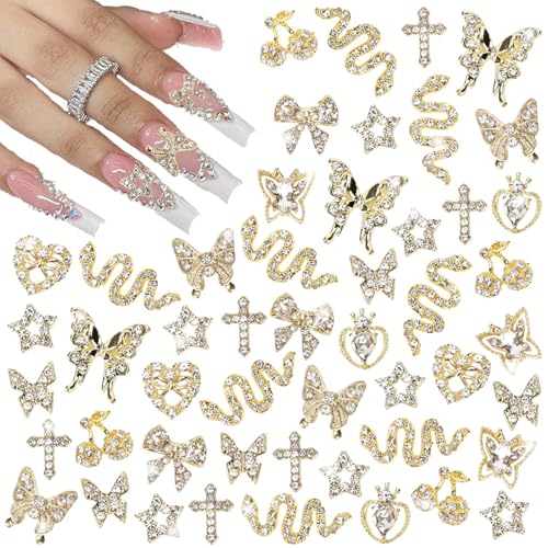 Lilbitty Lot de 24 breloques pour ongles Y2k en alliage avec strass 3D en forme de cœur, nœud papillon et strass