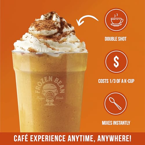 Image of The Frozen Bean Pumpkin Spice Instant Coffee Frappe, 10 Sticks | Real Arabica, 114mg caffeine, 5g sugar, Single serve packets, Hot or blended iced, On the go